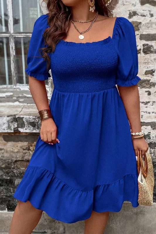 Plus size dresses for power dressing empower daily -Plus Size Smocked Square Neck Short Sleeve Dress