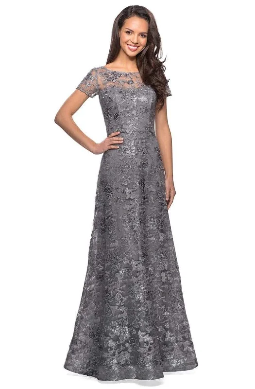 Plus size dresses with long sleeves cover comfortably -La Femme - 27839 Floral Adorned Illusion Bateau Long Gown