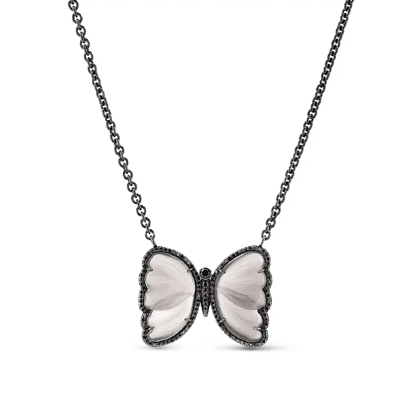 Best necklaces and pendants with intricate filigree for vintage-inspired elegance-Grey Moonstone & Black Diamond Butterfly Chain Necklace - 14"