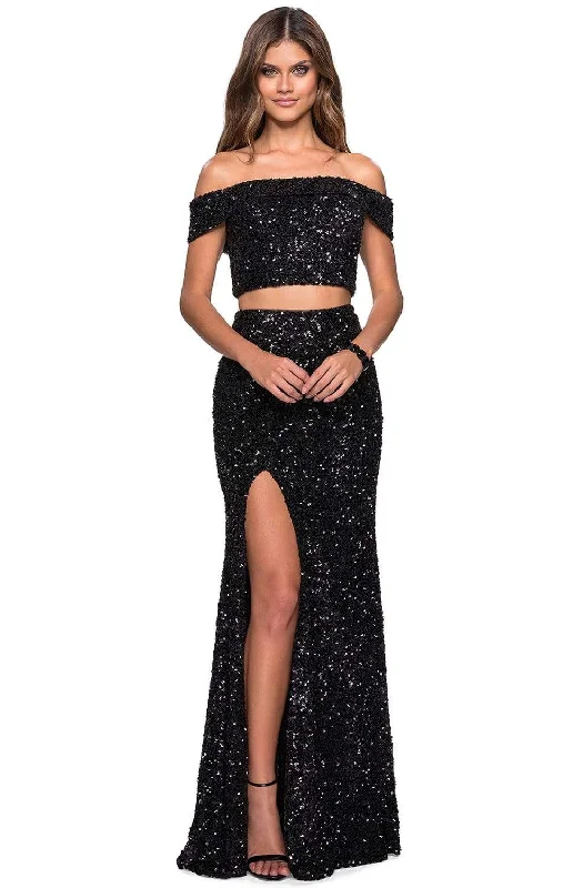 Plus size dresses with unique necklines add flair -La Femme - 27020 Two Piece Off-Shoulder Sequined Gown