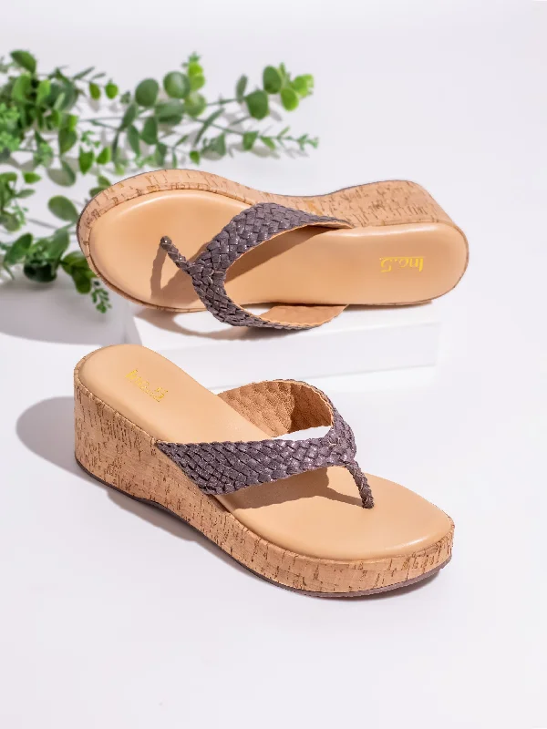 Elegant sandals for women with metallic straps and open-toe design for parties-Womens Grey Casual Embellished Thong Wedges Sandals