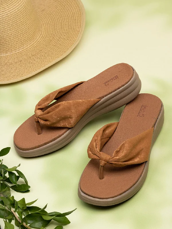 Casual sandals for men with slip-on design and cushioned support for easy wear-Womens Tan Solid Round Toe Casual Wedge Heel Sandals