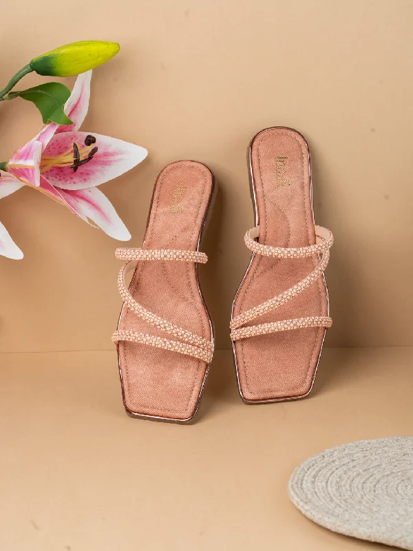 Beach sandals for women with flip-flop style and waterproof construction for comfort-Womens Peach Striped Square Toe Party Wear Flat Slip-on Sandals