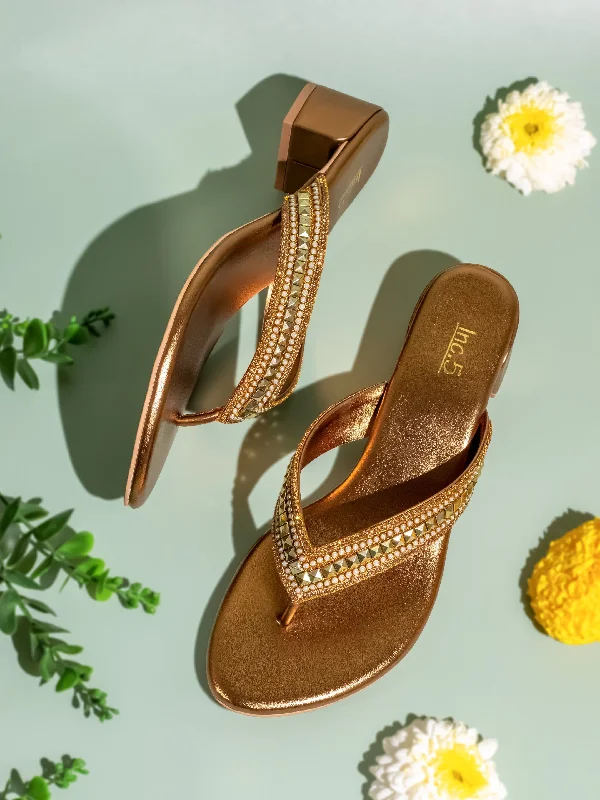 Stylish sandals for men with sporty design and adjustable straps for custom fit-Womens Golden Ethnic Open toe Block Heel Sandals