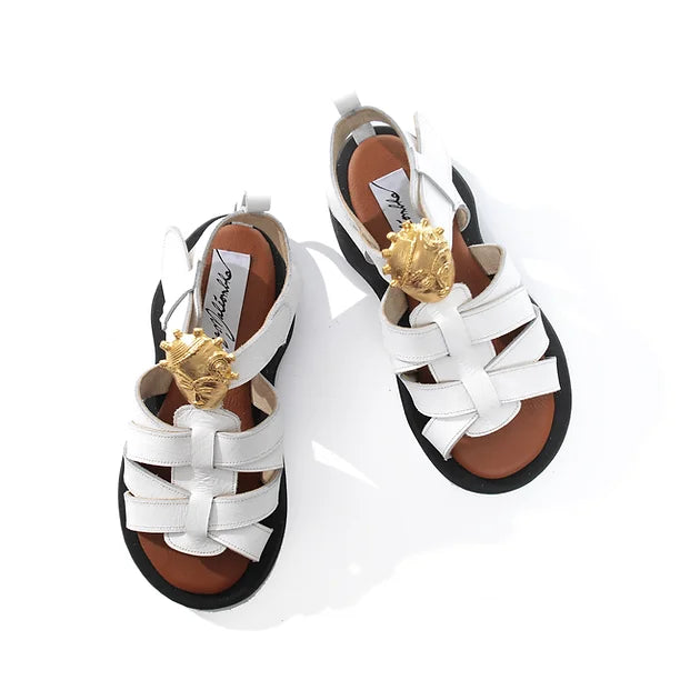 Beach sandals for men with breathable design and adjustable straps for comfort-Loza Maleombho FARO AKAN Leather sandals with gold-platted bronze ornaments