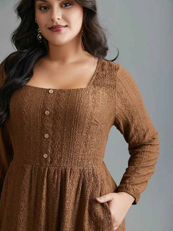 Plus size dresses featuring tiered skirts feel fun -Textured Button Detail Square Neck Knit Dress