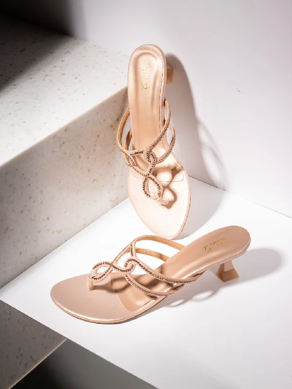 Comfortable sandals for women with adjustable Velcro straps for a perfect fit-Womens Rose Gold Solid Round Toe Party Wear Kitten Heel Sandals