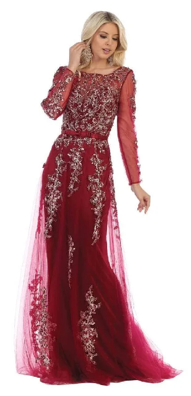 Plus size dresses for summer keep you cool -May Queen - Beaded Appliques Long Sleeves Evening Gown RQ7678