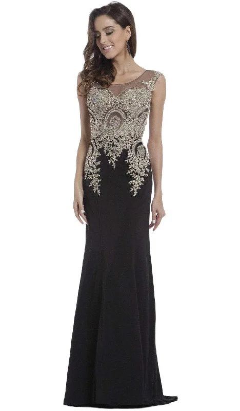 Plus size dresses featuring braided trims are artsy -Cinderella Divine - Cap Sleeve Illusion Bateau Metallic Lace Evening Gown