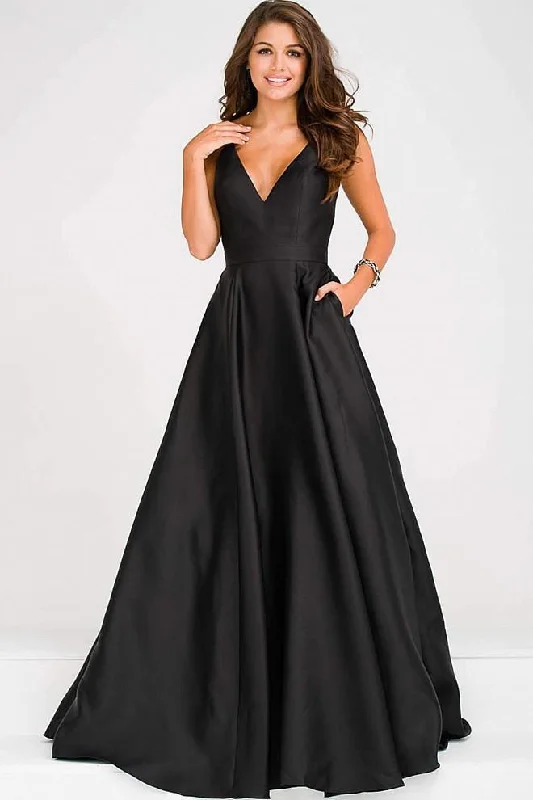 Plus size dresses with simple cuts stay timeless -JVN by Jovani - Satin Spaghetti Straps V Neckline Prom Dress JVN48791