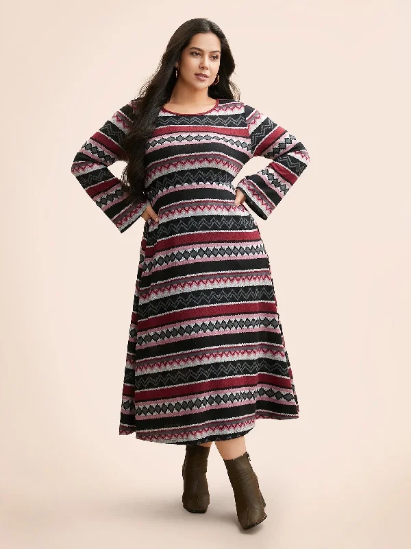 Plus size dresses with tough fabrics age well -Geometric Striped Bell Sleeve Knit Dress