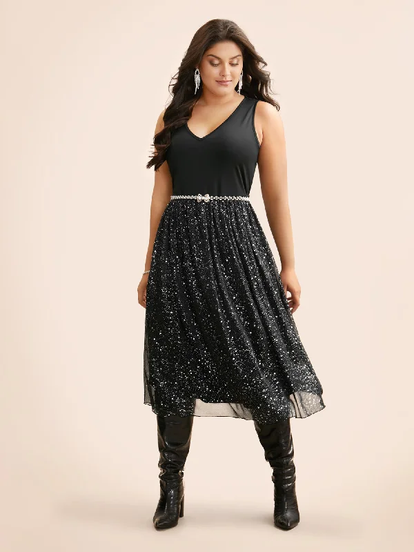 Plus size dresses with sleek finishes stay polished -V Neck Glitter Patchwork Tank Dress