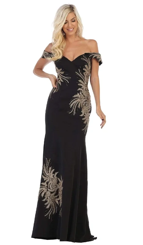 Plus size dresses with sleek lines look modern -May Queen - RQ7712 Embellished Off-Shoulder Trumpet Dress