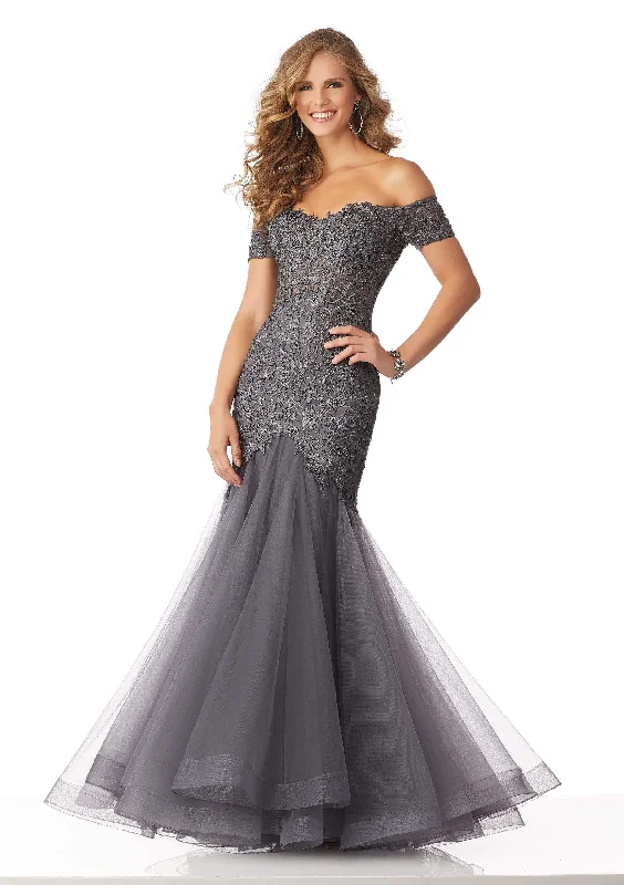 Plus size dresses with lightweight knits feel breezy -MGNY By Mori Lee - 71825 Lace Appliqued Off-Shoulder Trumpet Dress