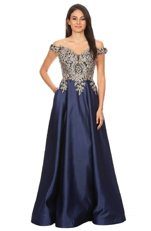 Plus size dresses for outdoor events stay comfy -Eureka Fashion - 9027 Beaded Appliqued Off-Shoulder Gown