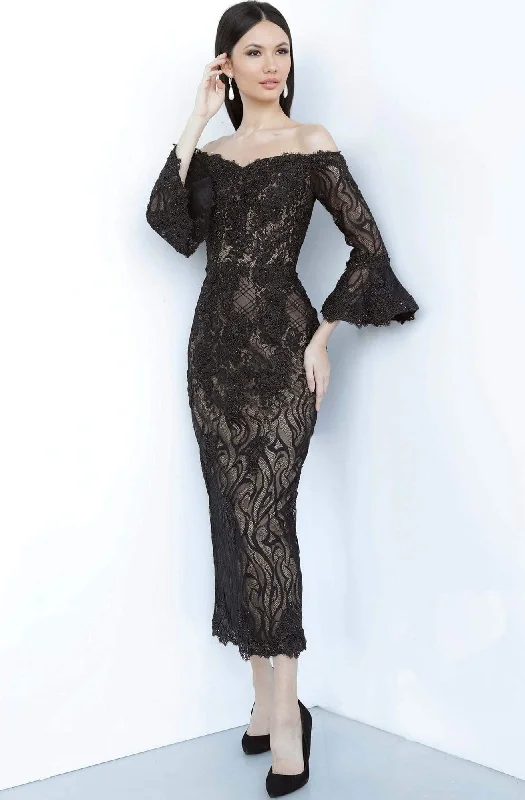 Plus size dresses with soft linings pamper skin -JVN by Jovani - JVN2241 Lace Off-Shoulder Tea Length Sheath Dress