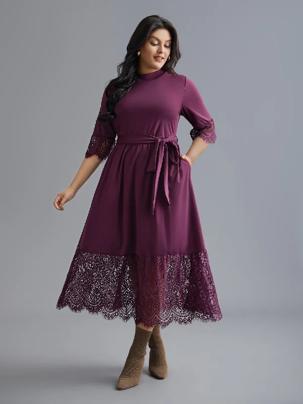 Plus size dresses with strong stitching last years -Mock Neck Crochet Lace Belted Dress