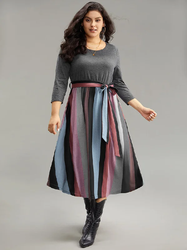 Plus size dresses with classic designs never fade -Striped Contrast Patchwork Belted Dress