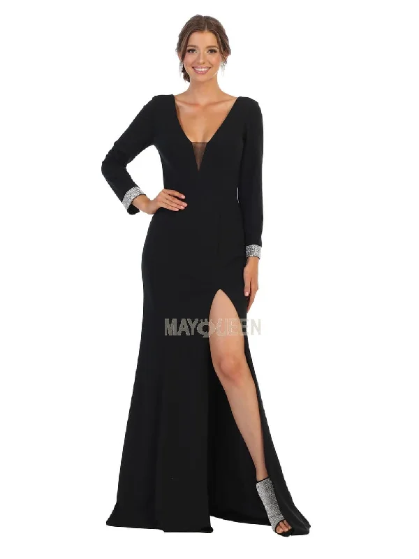 Plus size dresses with simple cuts stay timeless -May Queen - MQ1761 Plunging V-Neck Long Sleeves Dress with Slit