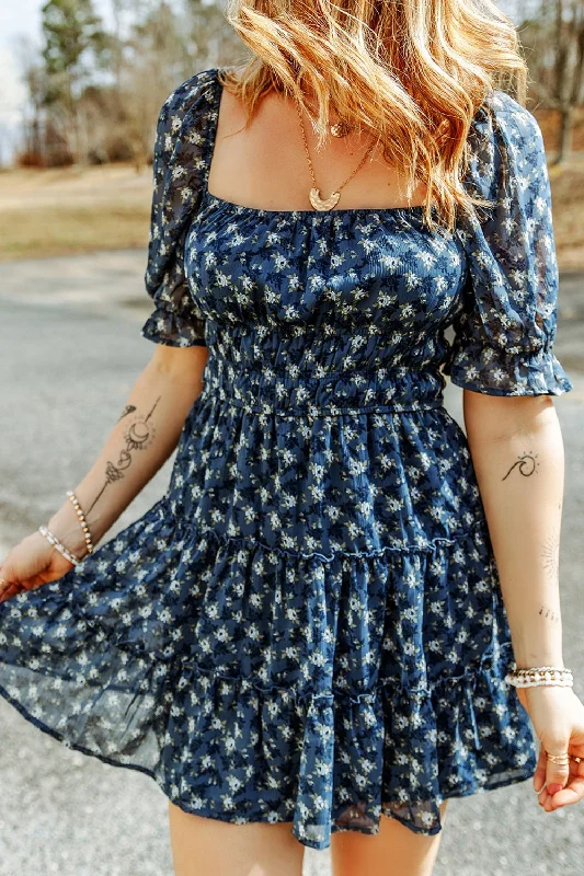 Plus size dresses with fitted bodices shape beautifully -Printed Square Neck Short Sleeve Dress