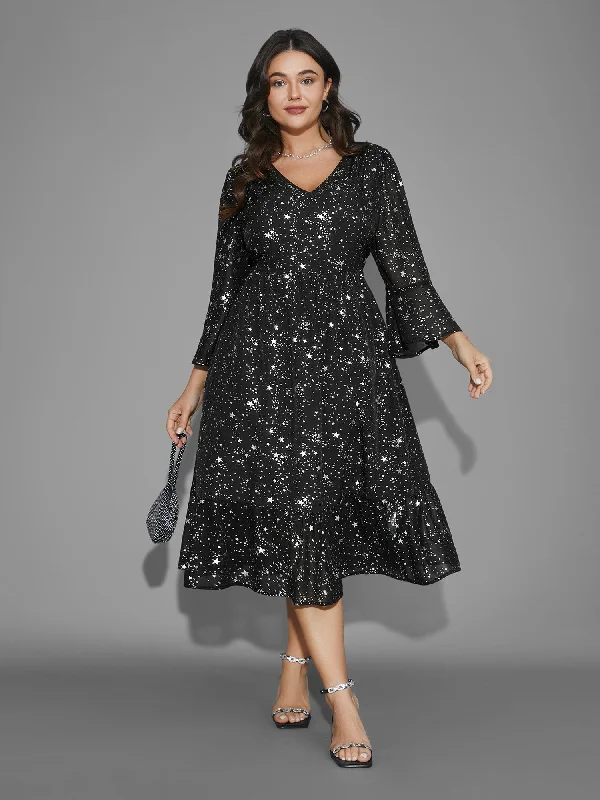 Plus size dresses featuring lace sleeves feel luxe -Glitter Star Flutter Sleeve Chiffon Dress