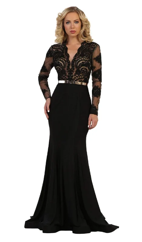 Plus size dresses with flowing skirts move freely -May Queen - RQ7624 Lace Deep Scalloped V-neck Trumpet Dress