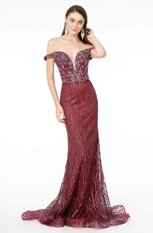 Plus size dresses for fuller busts fit perfectly -GLS by Gloria - GL1818 Plunging Off Shoulder Jeweled Mermaid Gown