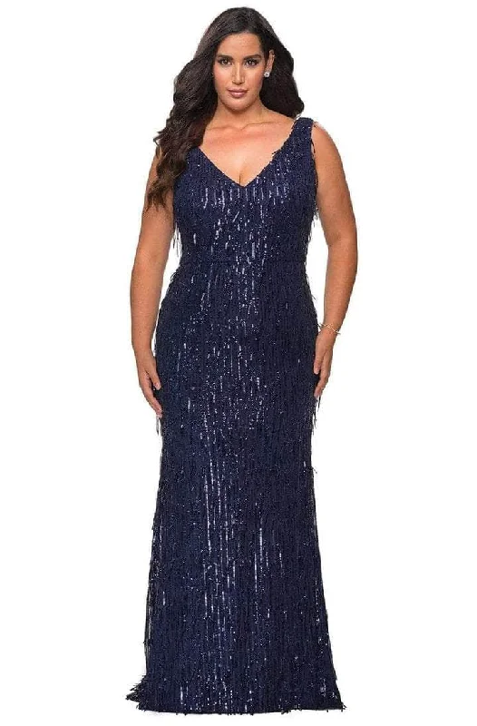 Plus size dresses with stretchy knits hug curves -La Femme - 28946SC Sequined Deep V-neck Long Gown - 1 pc Navy in Size 14W Available