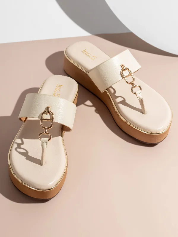 Casual sandals for women with cork footbed and supportive straps for comfort-Women Cream And Gold-Toned  Open Toe Comfort Sandals with Buckles