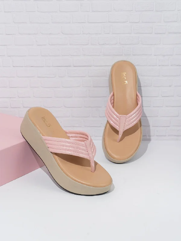 Waterproof sandals for men with durable straps and slip-resistant soles-Womens Peach Solid Round Toe Party Wear Wedge Heel Sandals