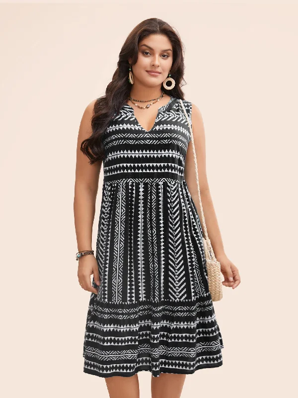 Plus size dresses for formal events look elegant -Striped Geometric Pocket Ruffle Hem Sleeveless Tank Dress