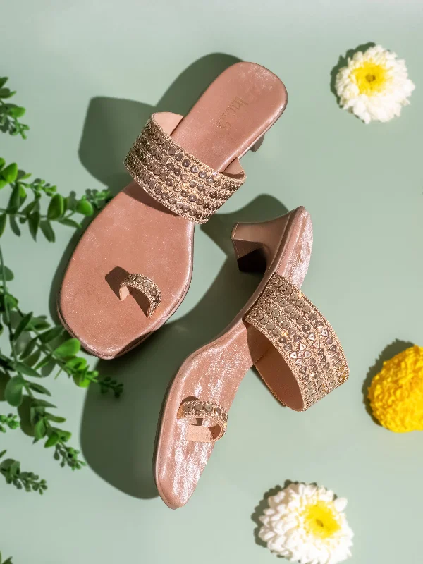 Stylish sandals for women with platform soles and trendy ankle straps-Womens Rose Gold Ethnic Open toe Block Heel Sandals