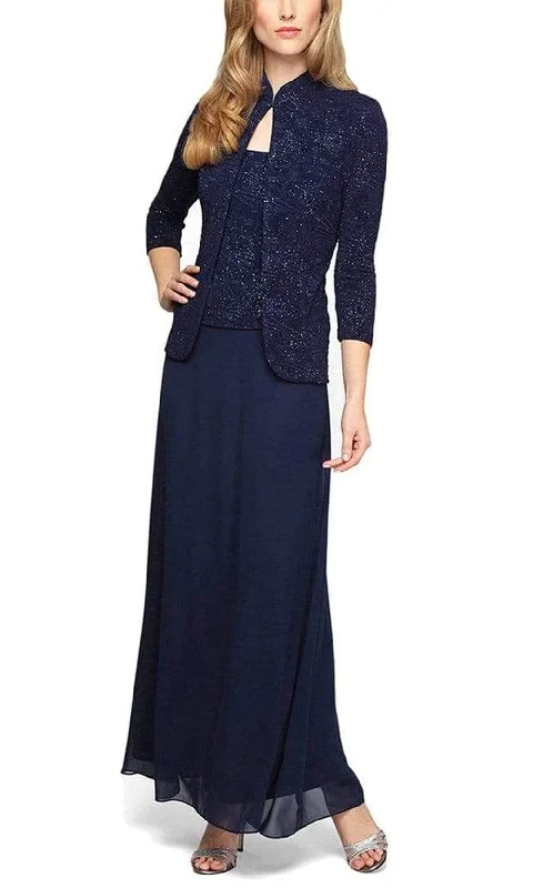 Plus size dresses with long sleeves cover comfortably -Alex Evenings - 125053 Jacquard Knit Glittered Evening Dress