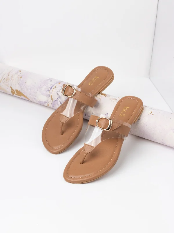 Elegant sandals for women with high heels and lace-up design for formal events-Womens Beige Solid T-Strap Party Wear Flat Sandals