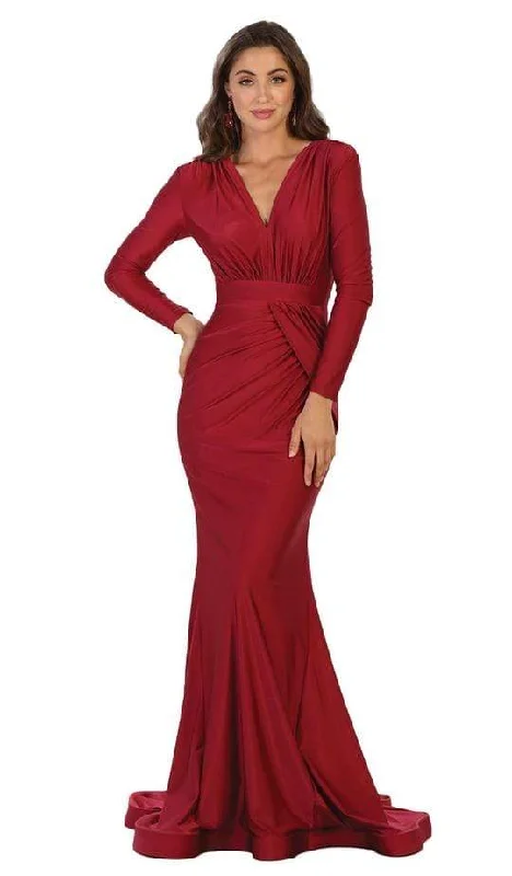 Plus size dresses with scoop necklines feel classic -May Queen - MQ1530 Ruched Plunging V-neck Sheath Evening Gown