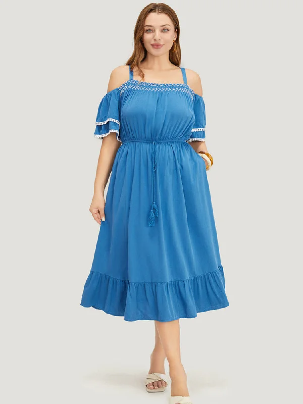 Plus size dresses with sleek lines look modern -Solid Tiered Sleeve Pocket Ruffles Cold Shoulder Pompom Trim Dress