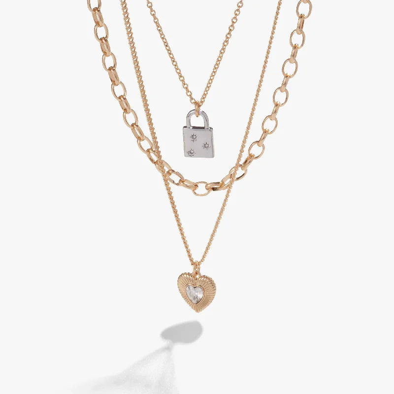 Necklaces and pendants with custom engravings for a personal, meaningful gift-Multi-Chain Heart + Lock Necklace