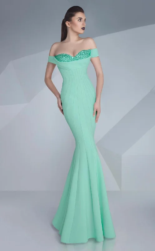 Plus size dresses with V-necks elongate figures -MNM Couture - Ornate Off-Shoulder Mermaid Gown G0592