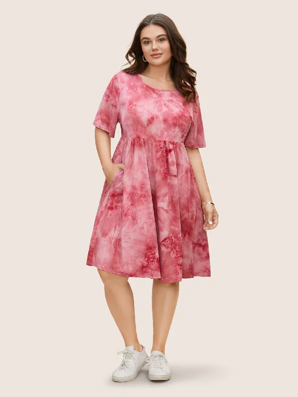 Plus size dresses featuring ruffle details add charm -Tie Dye Pocket Ruffle Hem Knee Dress