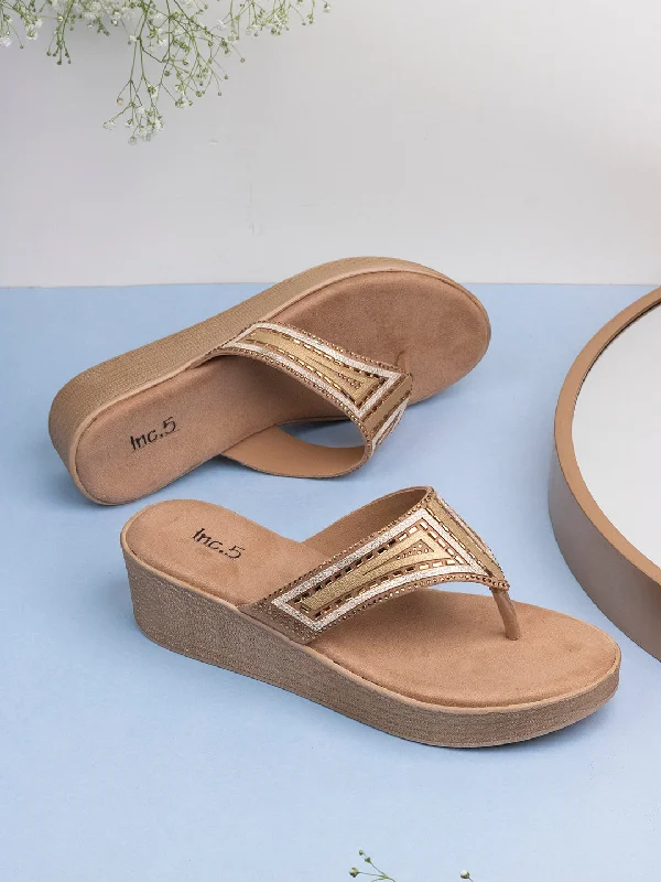 Comfortable sandals for women with padded straps and soft footbed for long wear-Womens Golden Embellished Open Toe Casual Wedge Heel Sandals