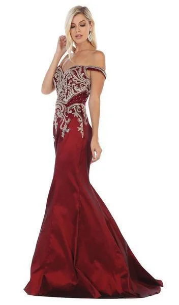 Plus size dresses featuring textured weaves add interest -May Queen - Metallic Lace Appliqued Trumpet Gown MQ1609 - 2 pcs Burgundy In Size 8 and 12 Available