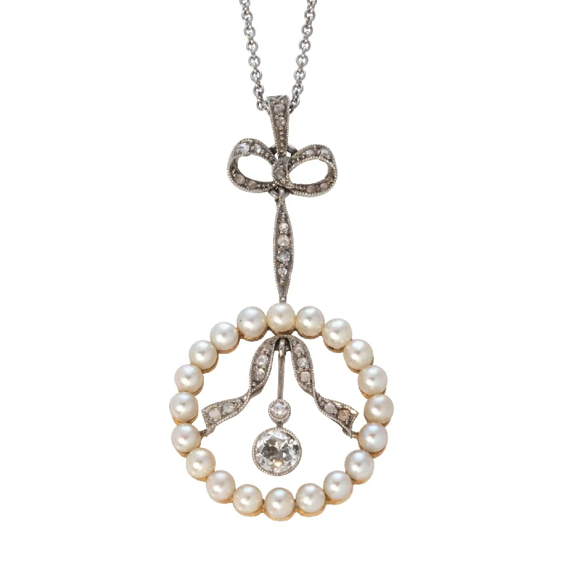 Simple necklaces and pendants with tiny charms for a delicate and casual vibe-Edwardian Diamond & Seed Pearl Bow Drop Pendant Necklace