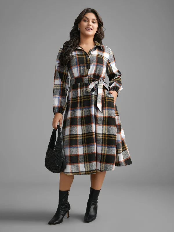 Plus size dresses featuring fringe accents feel bold -Plaid Button Up Belted Knit Dress