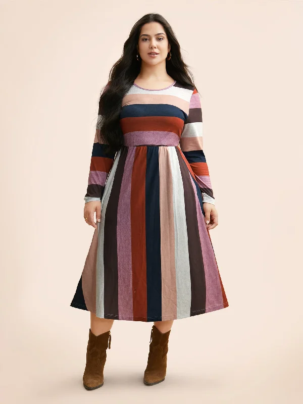 Plus size dresses with lightweight knits feel breezy -Striped Contrast Crew Neck Knit Dress