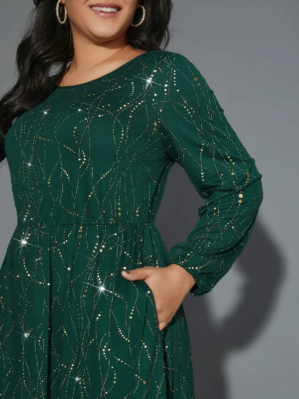 Plus size dresses featuring lace details feel romantic -Glitter Crew Neck Waist-Cinched Dress