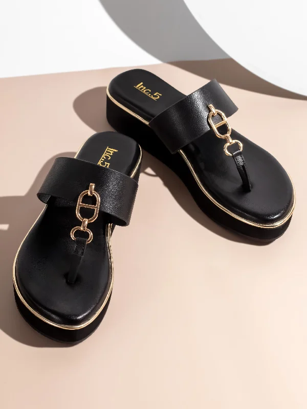 Waterproof sandals for women with durable straps and slip-resistant soles-Women Black And Gold-Toned  Open Toe Comfort Sandals with Buckles