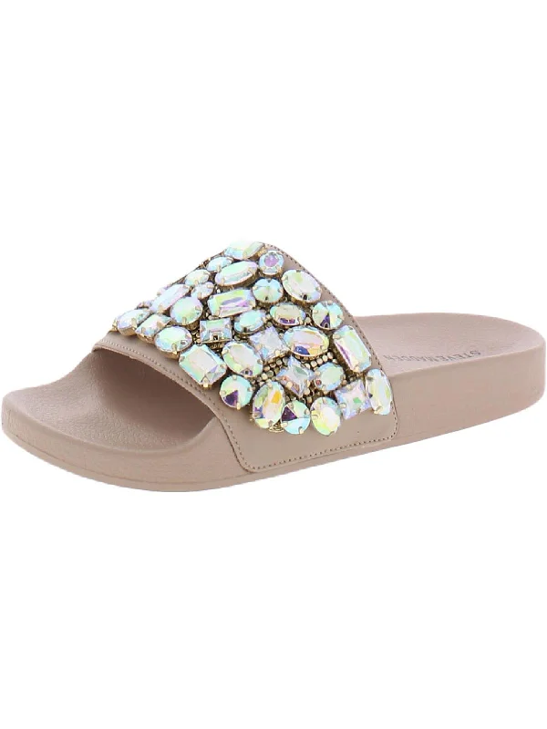 Comfortable sandals for women with cross-over straps and padded footbed for support-Simplify Womens Slip On Rhinestone Slide Sandals