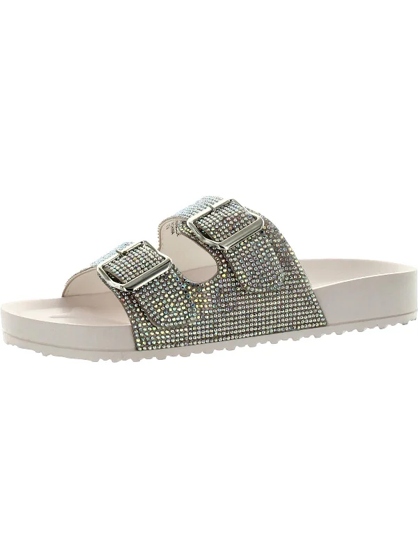 Slip-on sandals for men with flexible fit and soft footbed for comfort-Teddy Womens Rhinestone Slip-On Slide Sandals