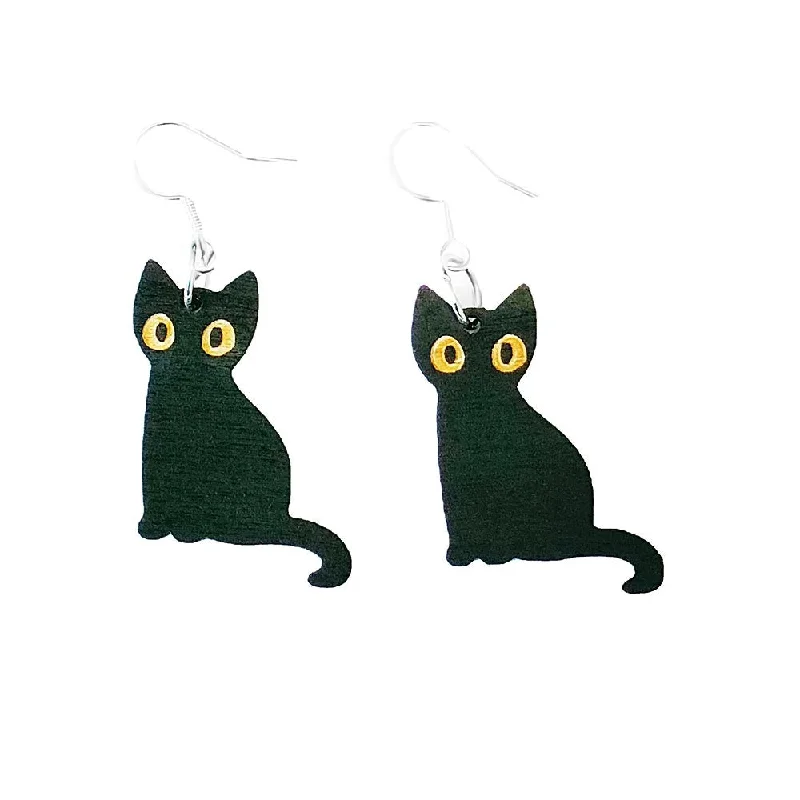 Hoop earrings with gold accents for a warm, elegant statement piece-925 Silver Needle Black Cat Halloween Wooden Earrings