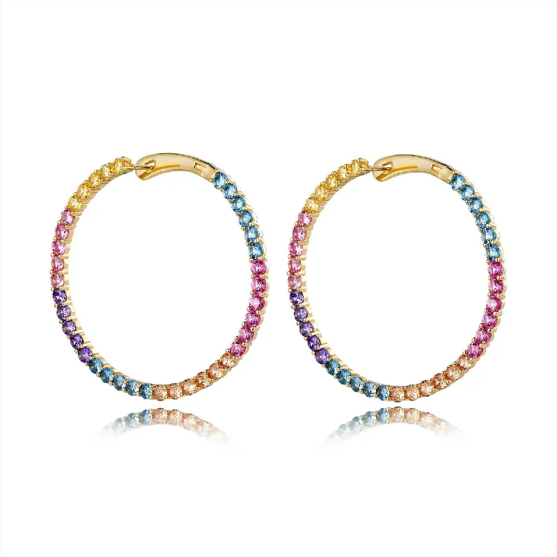 Best hoop earrings with gold-plated finishes for an affordable luxury vibe-Big Round Circle Multicolor Rainbow CZ Loop Hoop Earrings